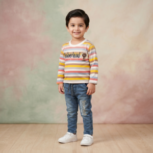 Premium-Kids-Cotton-Interlock-Striped-Shirt-with-Denim-Pants-Set-yellow