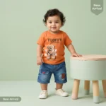 Boys' Bear Print Tee & Denim Shorts Set - Orange