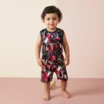Boys' Sleeveless Designer Summer Set - Jet Black with Red Abstract