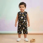 Boys' Sleeveless Designer Summer Set - Jet Black with orange yellow abstract