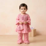 Girls' Embroidered Peplum & Frill Trouser Set - Pink