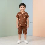 KidsnWear Premium Tropical Typography Boys' Button-Down Set - Brown