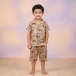 KidsnWear Premium Tropical Typography Boys' Button-Down Set - Coffee