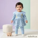 Today Smiles Premium Cotton Baby Girl Frock & Pants Set - Sky Blue
