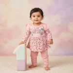 Today Smiles Premium Cotton Baby Girl Frock & Pants Set - Pink