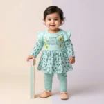 Today Smiles Premium Cotton Baby Girl Frock & Pants Set - Sea Green