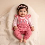 Cute Bunny Premium Cotton Baby Girl Dress & Pants Set - Pink