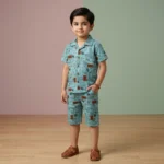 KidsnWear Premium Tropical Typography Boys' Button-Down Set - Sea Green
