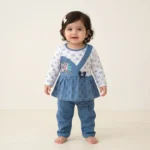 Love Print Premium Cotton Baby Girl Frock & Pants Set - Blue