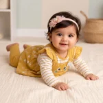 Cute Bunny Premium Cotton Baby Girl Dress & Pants Set - Yellow