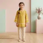 Girls' Mustard Kurta & Printed Trousers Set - Yellow