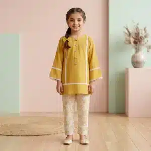 Girls' Mustard Kurta & Printed Trousers Set