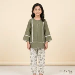 Girls' Mustard Kurta & Printed Trousers Set - Green