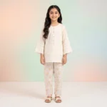 Girls' Mustard Kurta & Printed Trousers Set - White