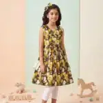 Girls' Autumn Floral Print Premium Sleeveless Frock and Trousers Co-Ord Set - Yellow